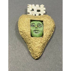 Lela Florel Sterling & Brass Heart Face  Brooch Hand Cast Abstract